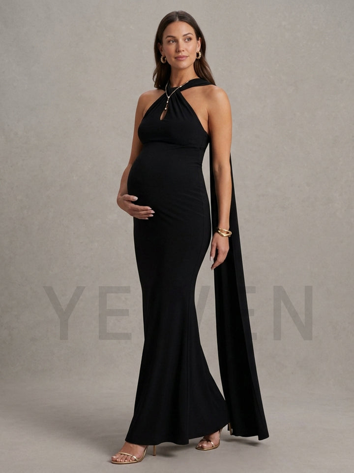 Halter Neck Keyhole Cape Maternity Dress for Baby Shower YM261006