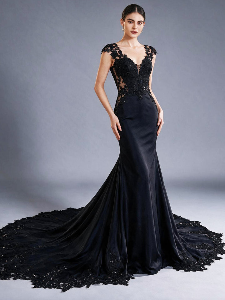 Deep V-Neck Sequin Sheer Lace Fitted Mermaid Evening Gown YX26104