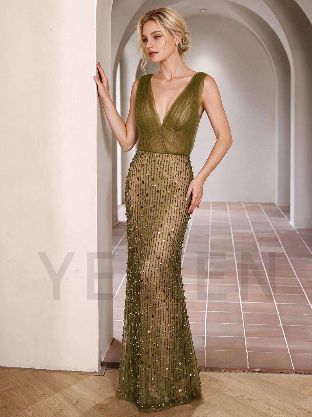 Olive Green Deep V-Neck Sheer Bodice Sequin Evening Gown YX009