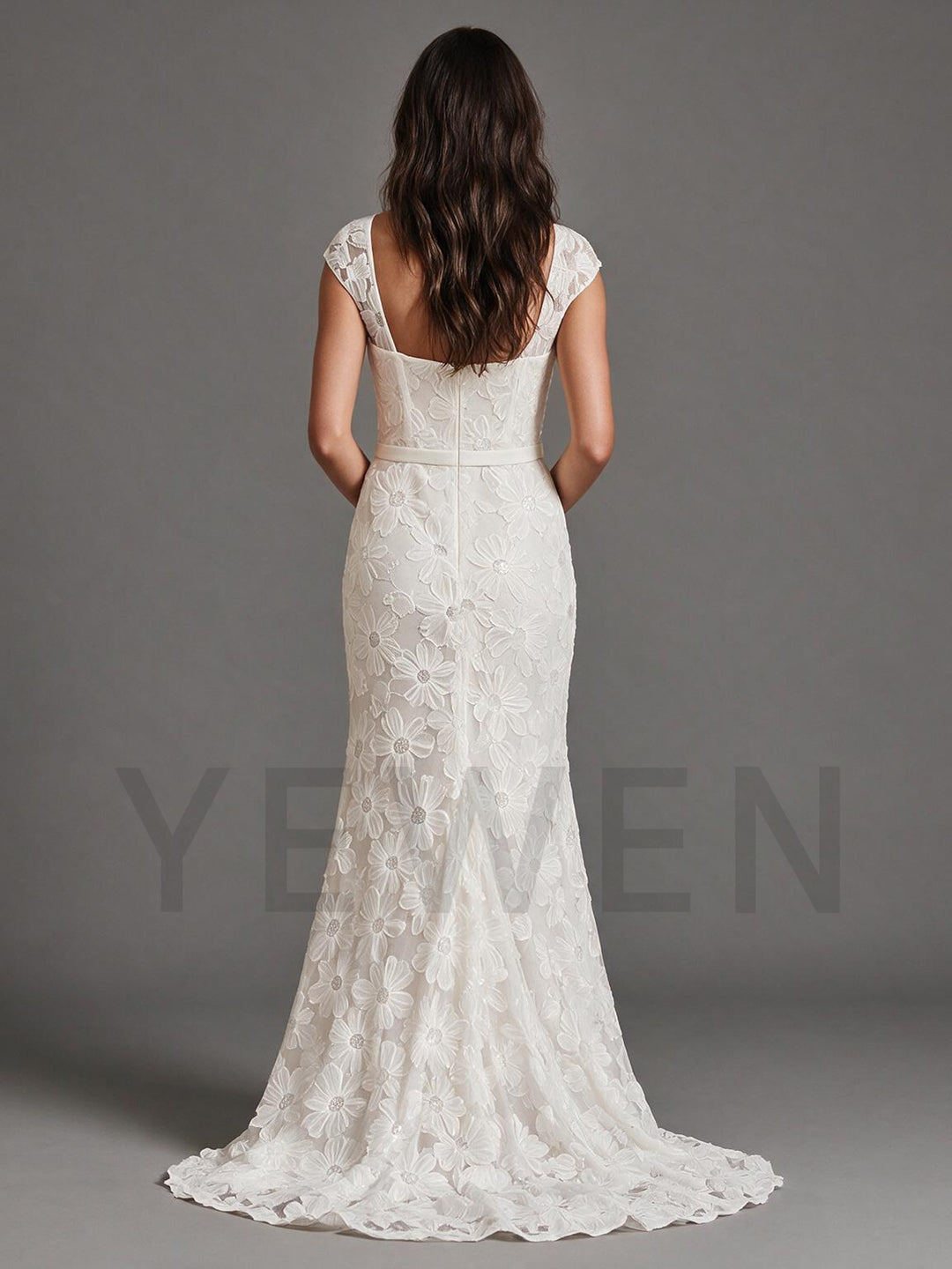 Ivory Cap Sleeve Lace Boho Wedding Dress with 3D Floral Embroidery