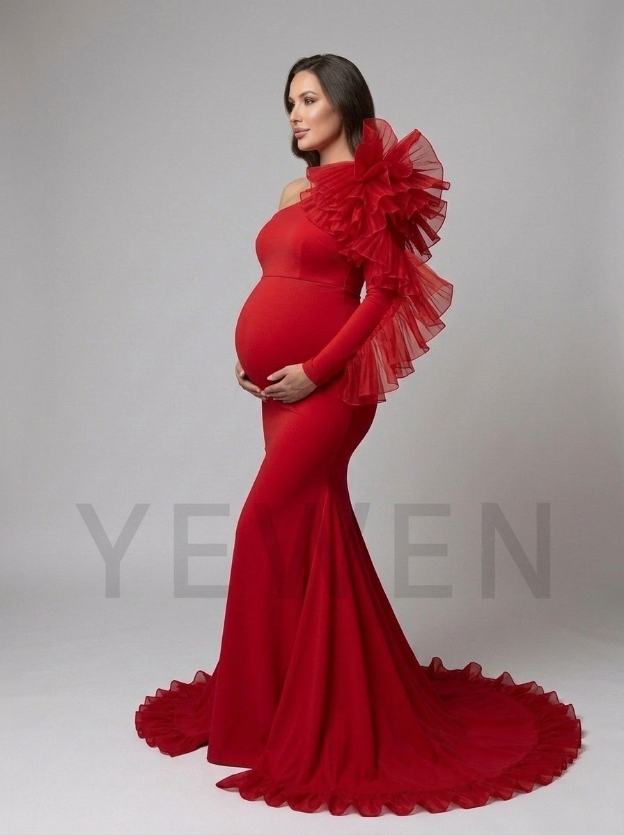 Red One-Shoulder Ruffle Mermaid Maternity Christmas Dress YD261017