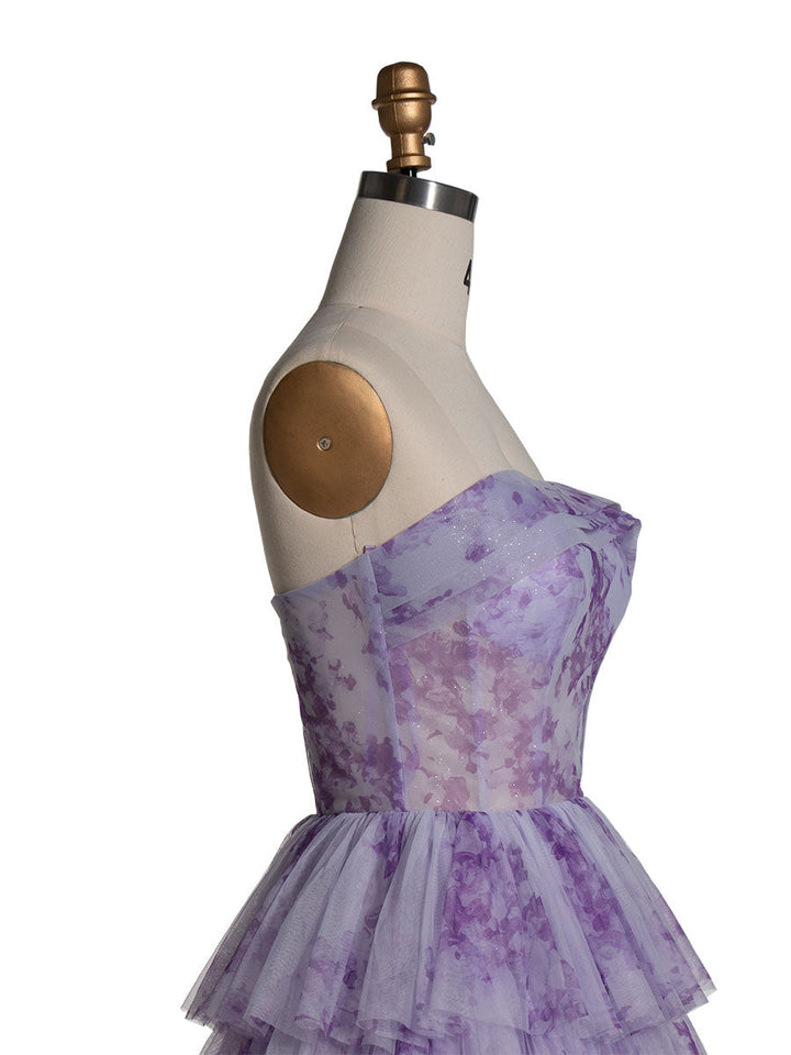 Lavender Tiered Gown Elegant Layered Printed Tulle Prom Party Dress YE3024