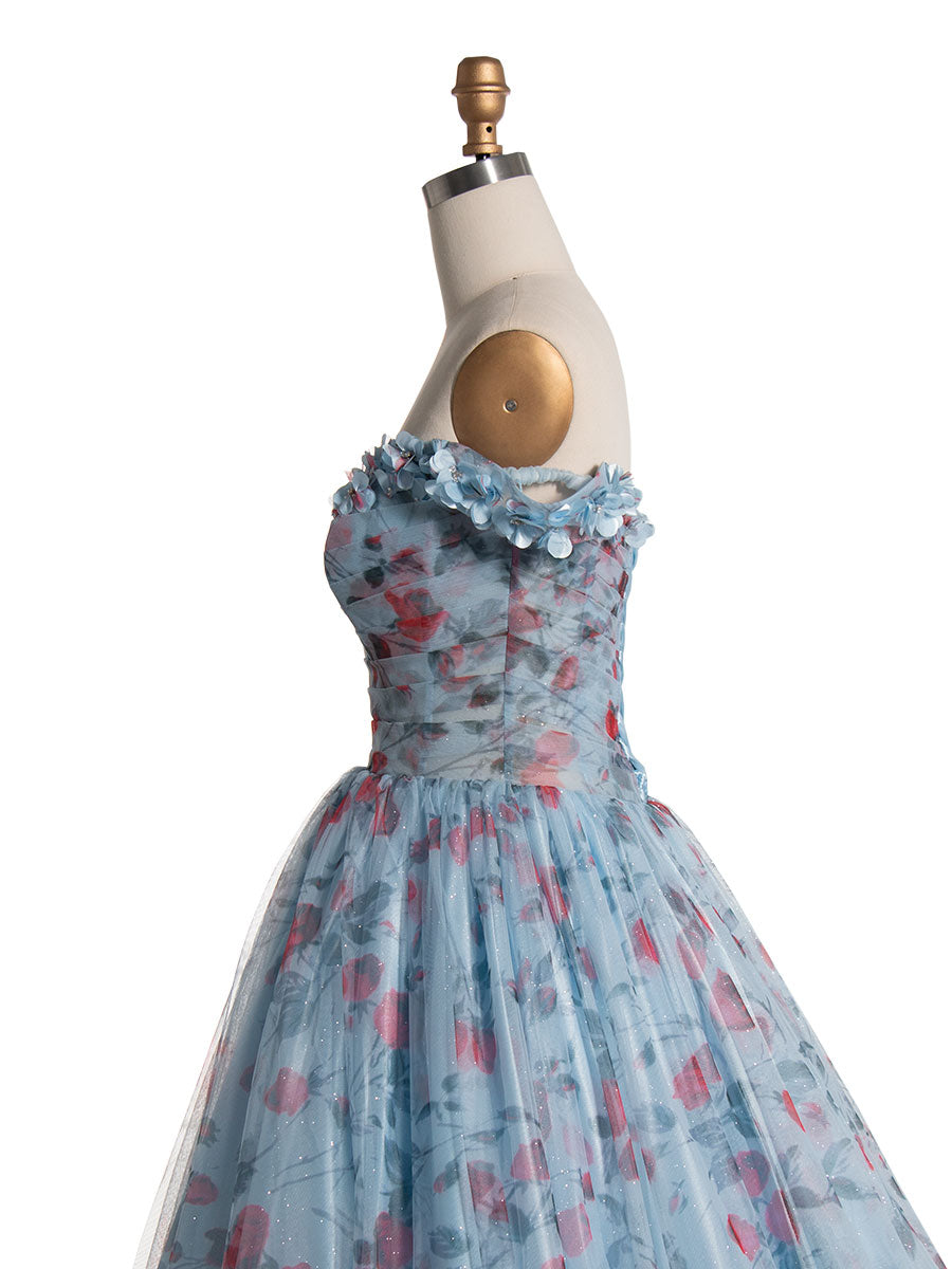 Off Shoulder Floral Printed Tulle Gown Sweep Train Prom Dress YE3023 yewendress Off Shoulder Floral Printed Tulle Gown Sweep Train Prom Dress YE3023 yewendress