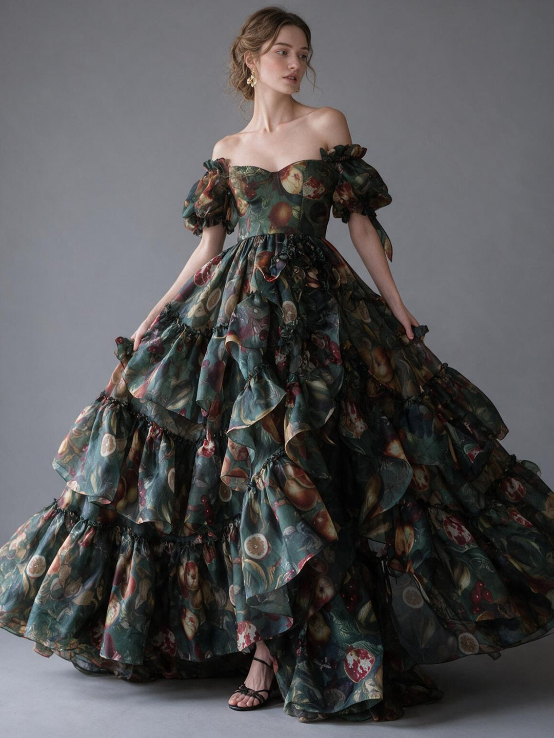 Vintage Floral Painting Sweetheart Puff Sleeve Princess Dress YM260901