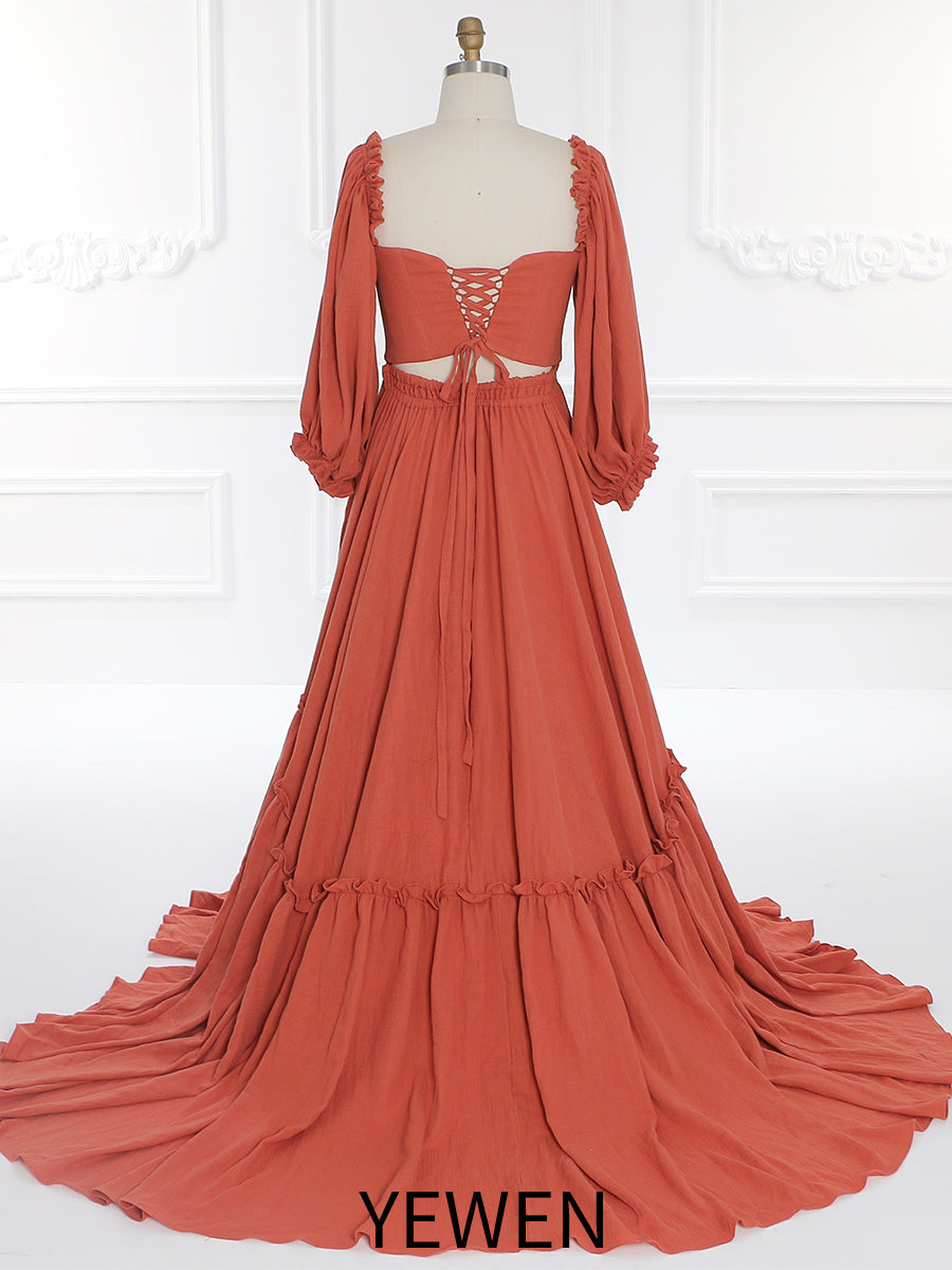 Elegant Long Sleeve Cotton Maxi Dress with Elastic Back Waist - Perfect for Photoshoots yewendress Elegant Long Sleeve Cotton Maxi Dress with Elastic Back Waist - Perfect for Photoshoots yewendress
