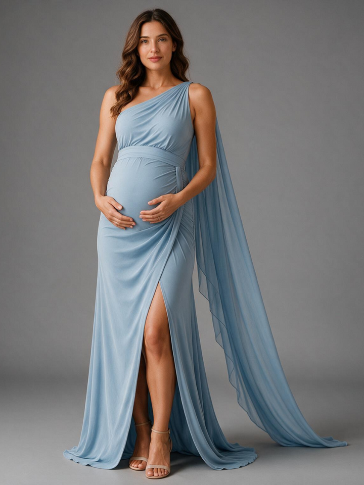 Blue One-Shoulder Cape Sleeve Maternity Dress For Baby Shower