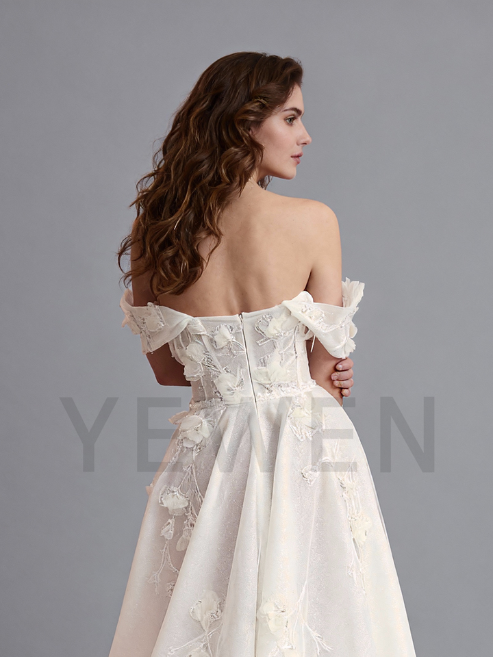 Shiny Tulle Wedding Dress Applique 3D Floral Lace Off Shoulder Bridal Gown