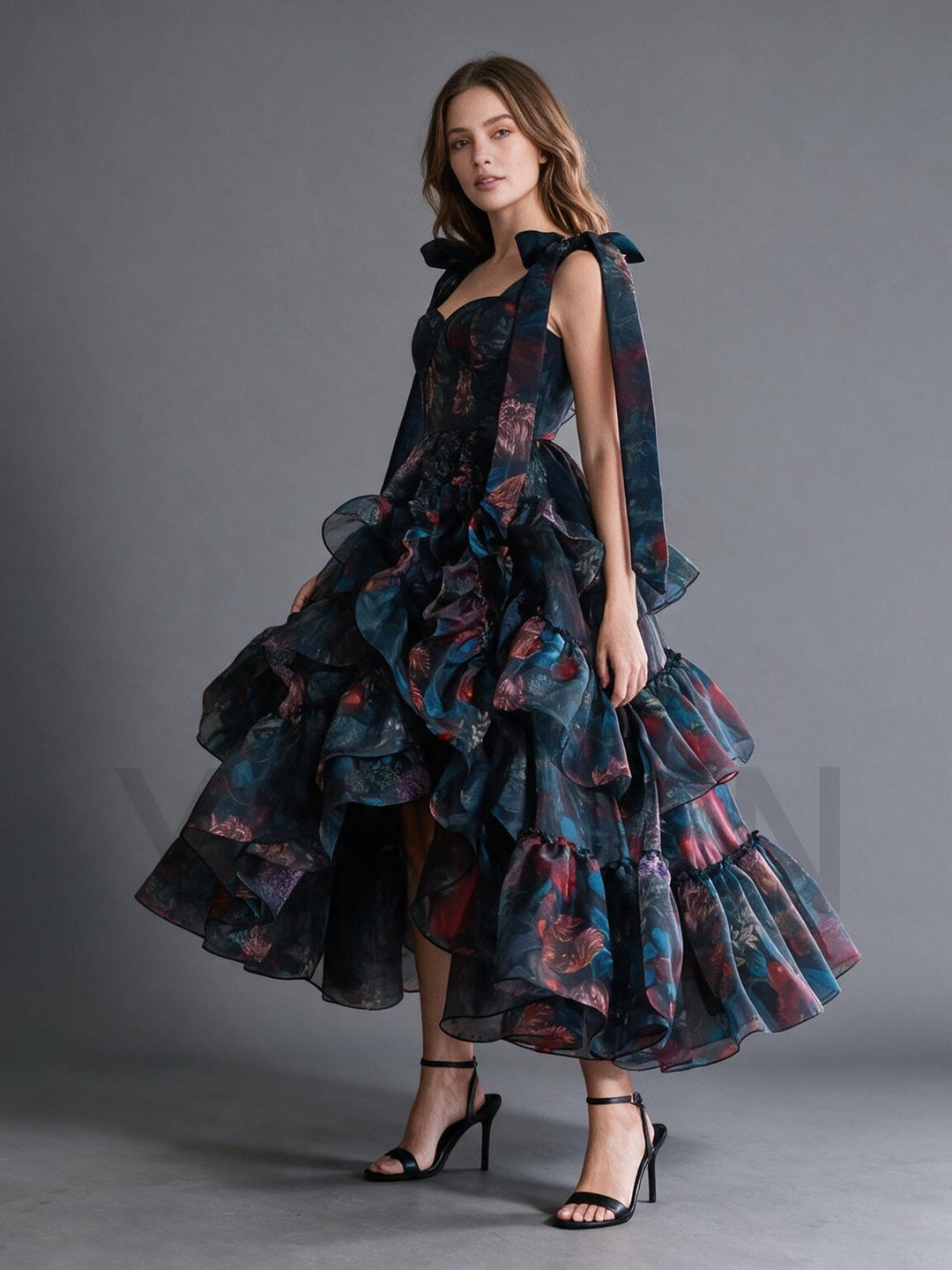 Tie Bow Floral Print Tiered Ruffle High-Low Princess Dress YW2610132