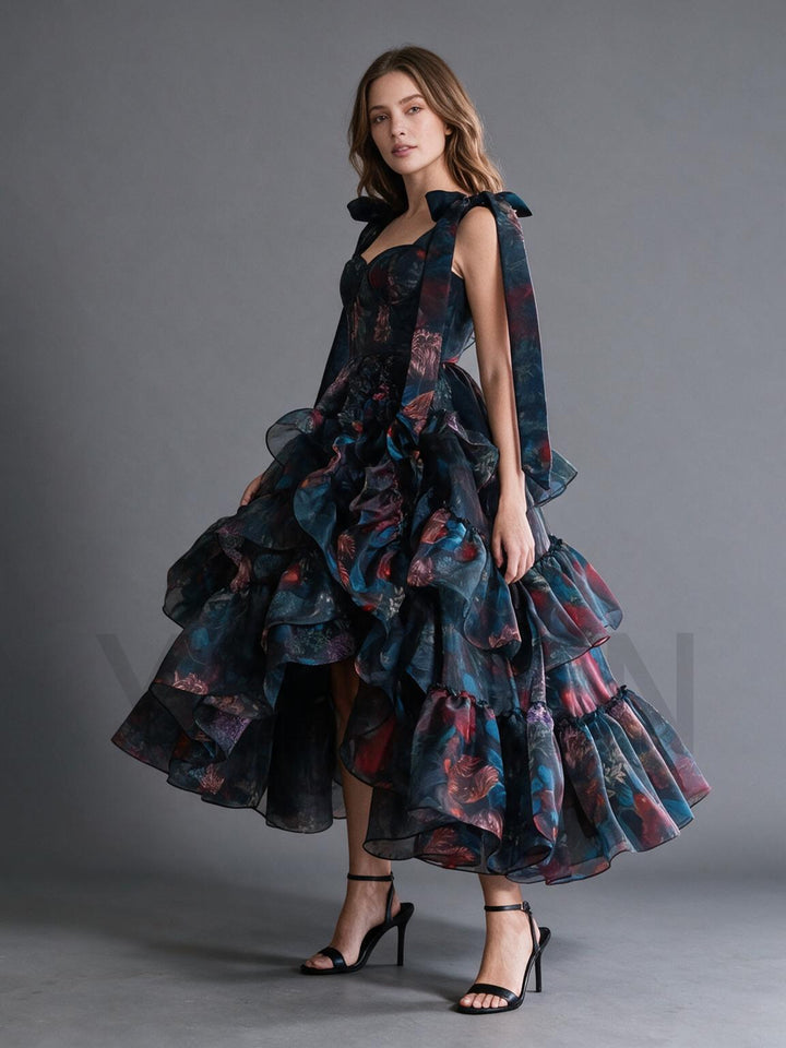 Tie Bow Floral Print Tiered Ruffle High-Low Princess Dress YW2610132