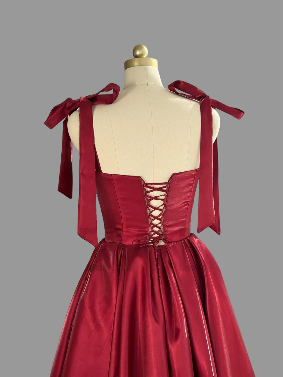 Strapless Burgundy Satin Evening Dress with Bow straps A Line Midi Prom Gown
