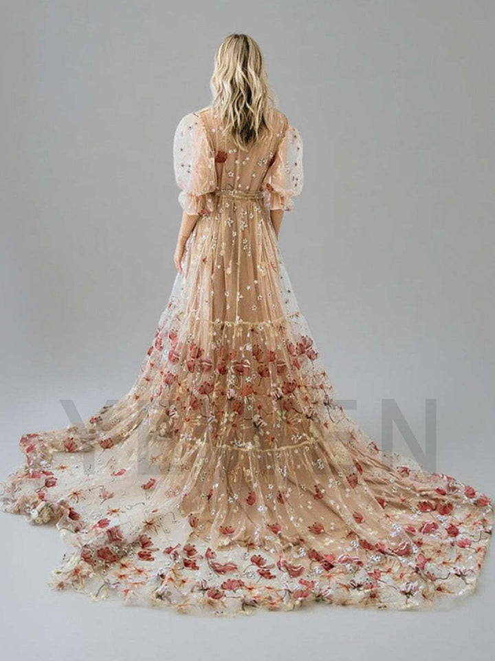 Boho Embroidery Lace Dress for Photo Shoot  V Neck Woman Maxi Dress Photography Dress