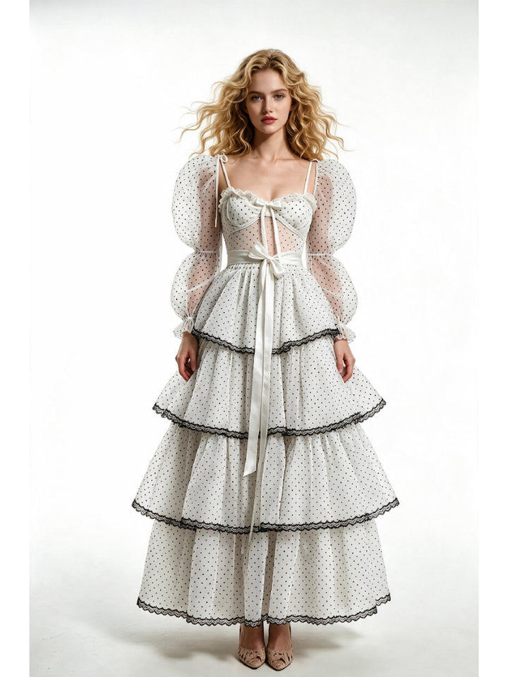 Ivory Polka Dot Sheer Puff Sleeve Black Lace Trim Princess Dress