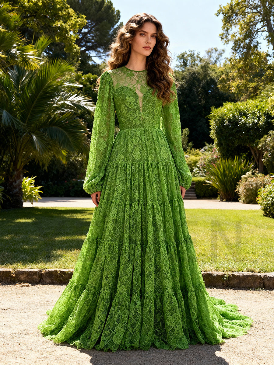 Modern Evening Dress A Line Puffy Sleeves Lace Prom Gown