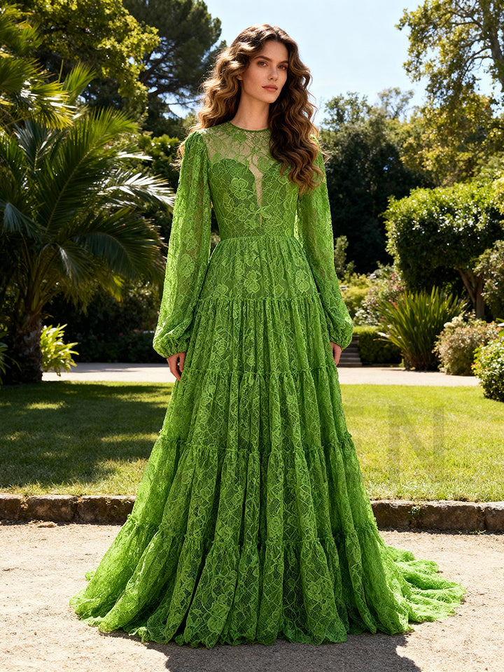 Modern Evening Dress A Line Puffy Sleeves Lace Prom Gown