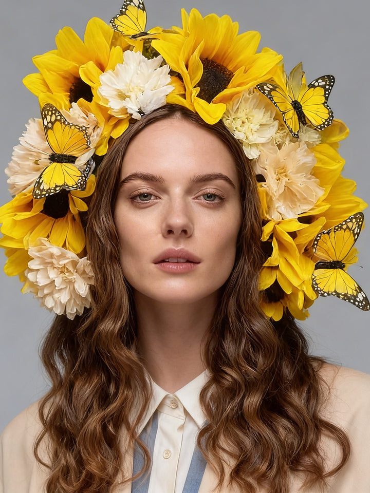 Floral Headdress Sunflowers and Butterflies Floral Crown Hair Accessories Perfect for Photoshoot Bridal Flower Headdress YW26030503D