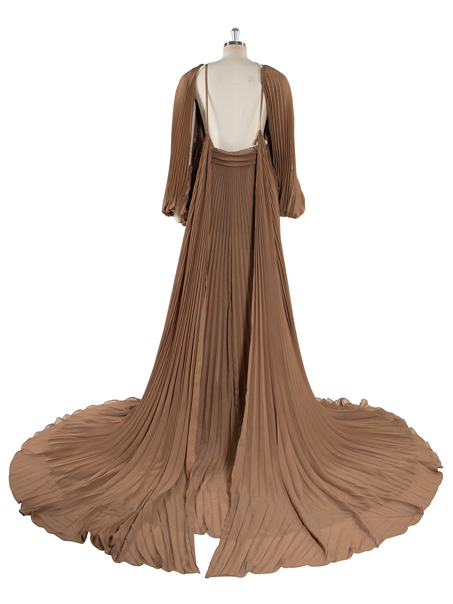 Flowing Pleated Blue Maternity Gown for Photoshoot Elegant Off Shoulder Pregnancy Dress with Long Train YW250071