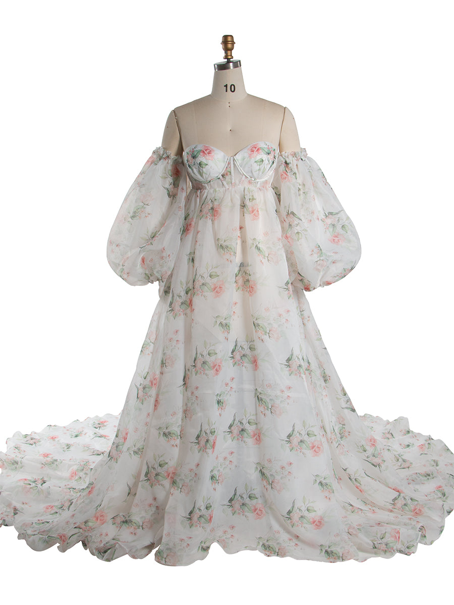 High Waist Floral Printed Silky Organza Dresses for Photo Shoot Baby Shower Gown for Pregnant Women YW221105-1 4 / Picture Color