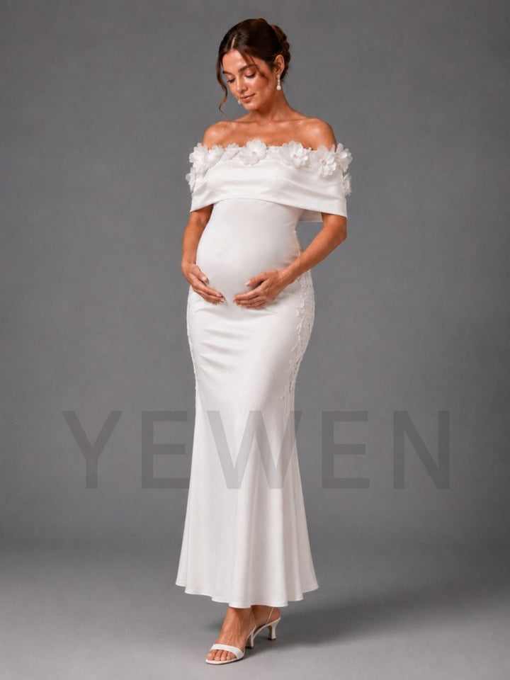 White Off-Shoulder 3D Floral Fitted Maternity Dress for Baby Shower L-26920