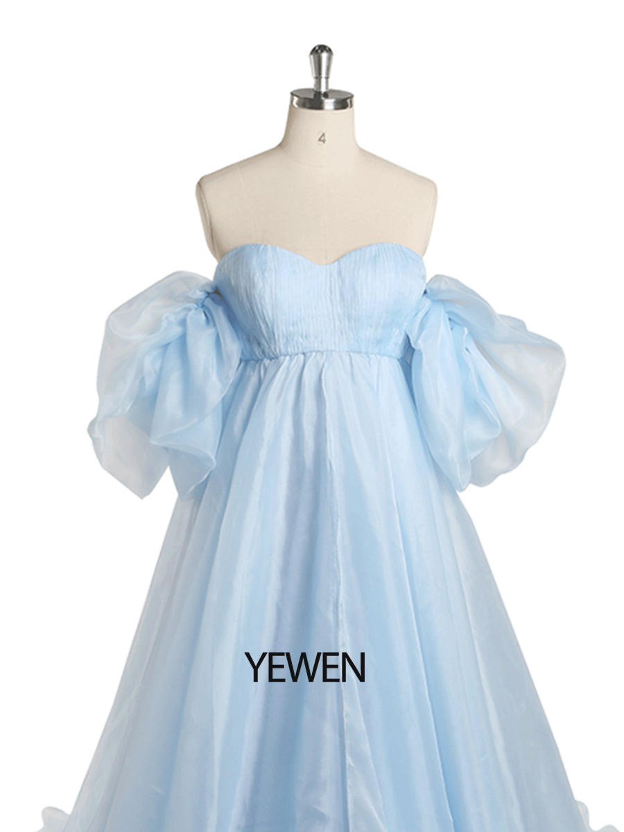 Elegant Puff Sleeves Organza Photo Shoots Dresses Beach Party Gowns Y 16W / paleblue Elegant Puff Sleeves Organza Photo Shoots Dresses Beach Party Gowns Y 16W / paleblue