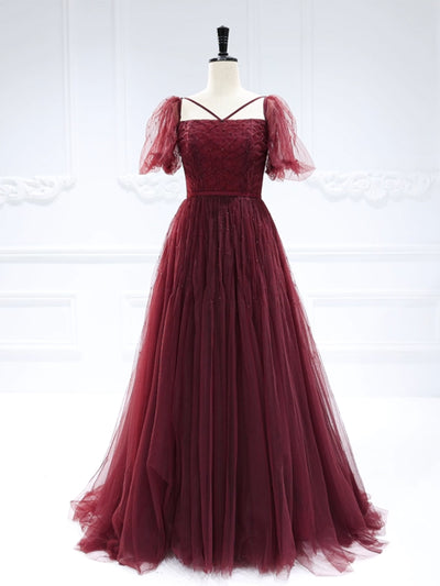 Straight-Neck,  Short Sleeves,  Beads Ball Gown