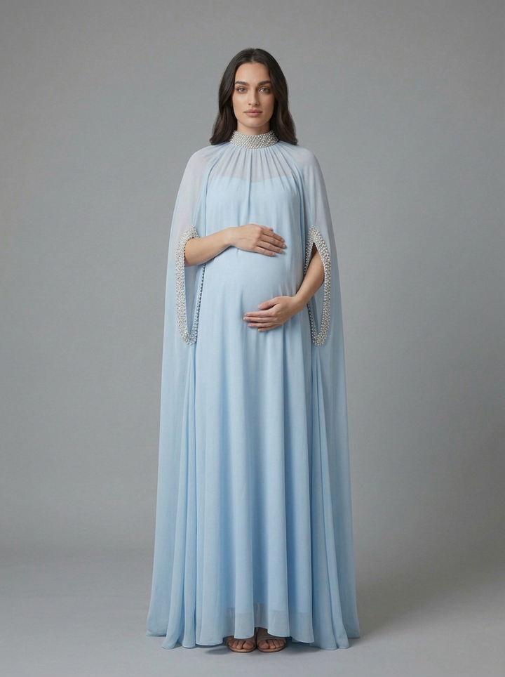 Mock Neck Rhinestone Cape Sleeve Maternity Baby Shower Dress YD261009