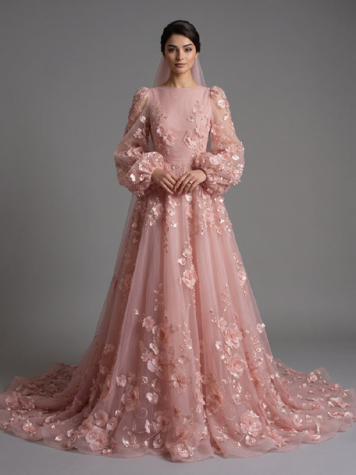 Pink 3D Floral Puff Long Sleeves Evening Gown with Train YD260925