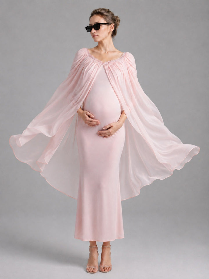 Pink Fitted Maternity Baby Shower Dress with Flowy Chiffon Cape L-26931
