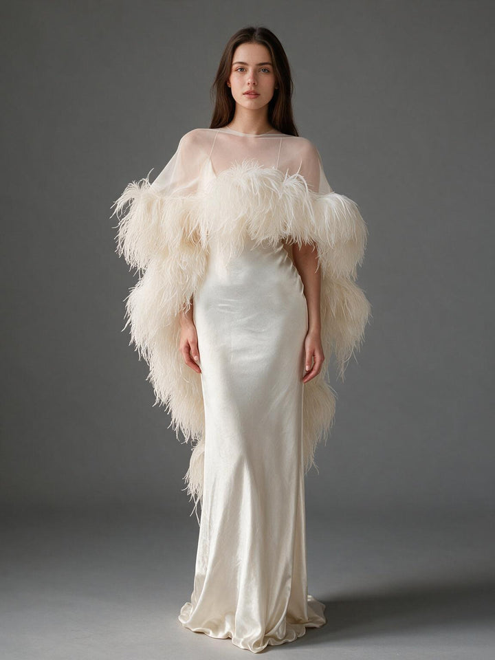 Ivory Sheer Cape Ostrich Feather Satin Evening Gown YW2610063