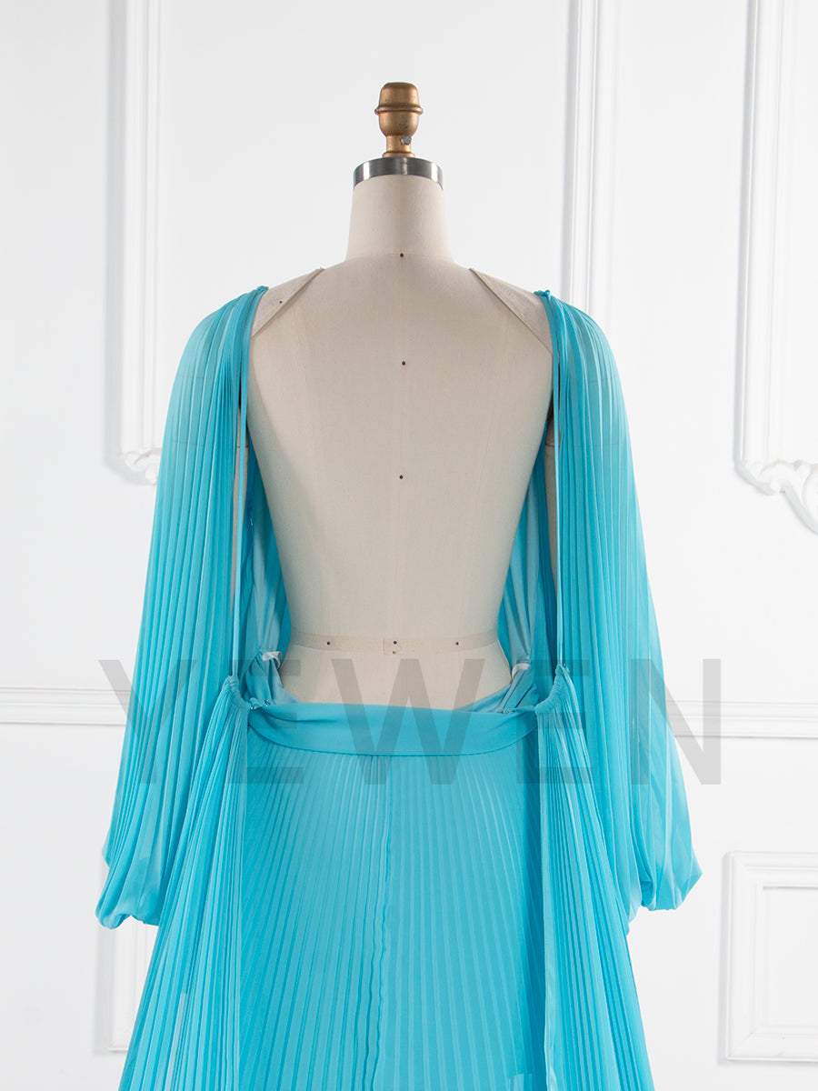 Flowing Pleated Blue Maternity Gown for Photoshoot Elegant Off Shoulder Pregnancy Dress with Long Train YW250071