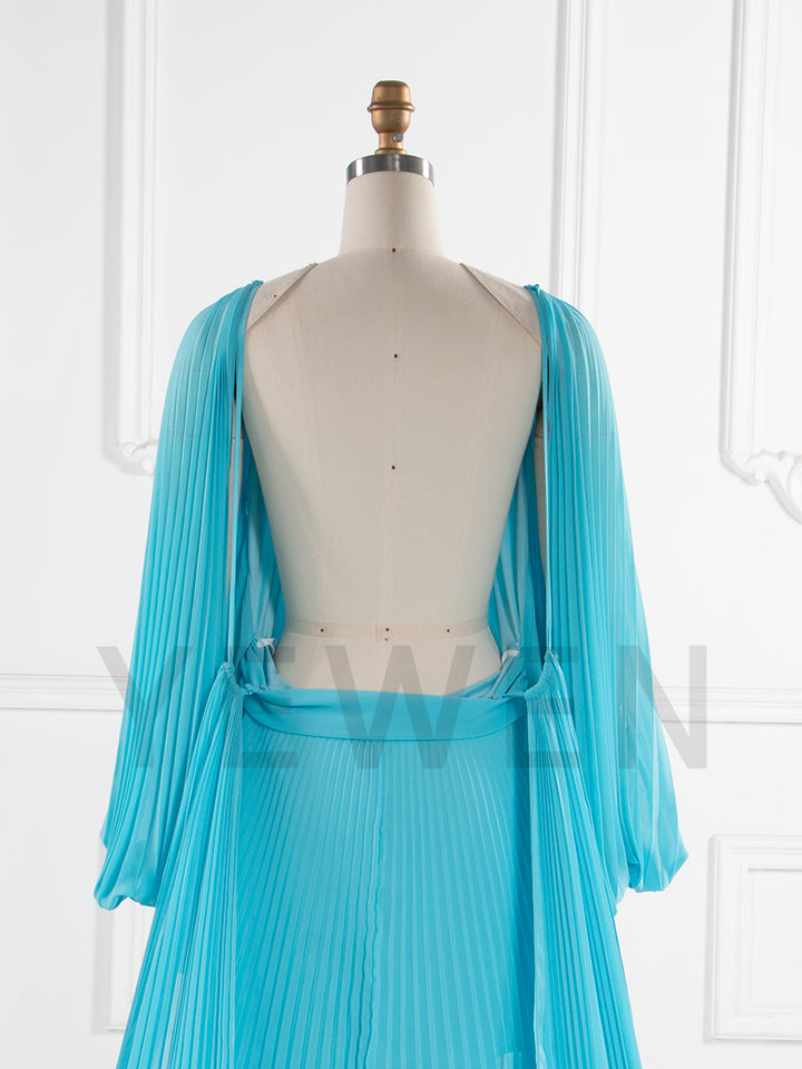 Flowing Pleated Blue Maternity Gown for Photoshoot Elegant Off Shoulder Pregnancy Dress with Long Train YW250071