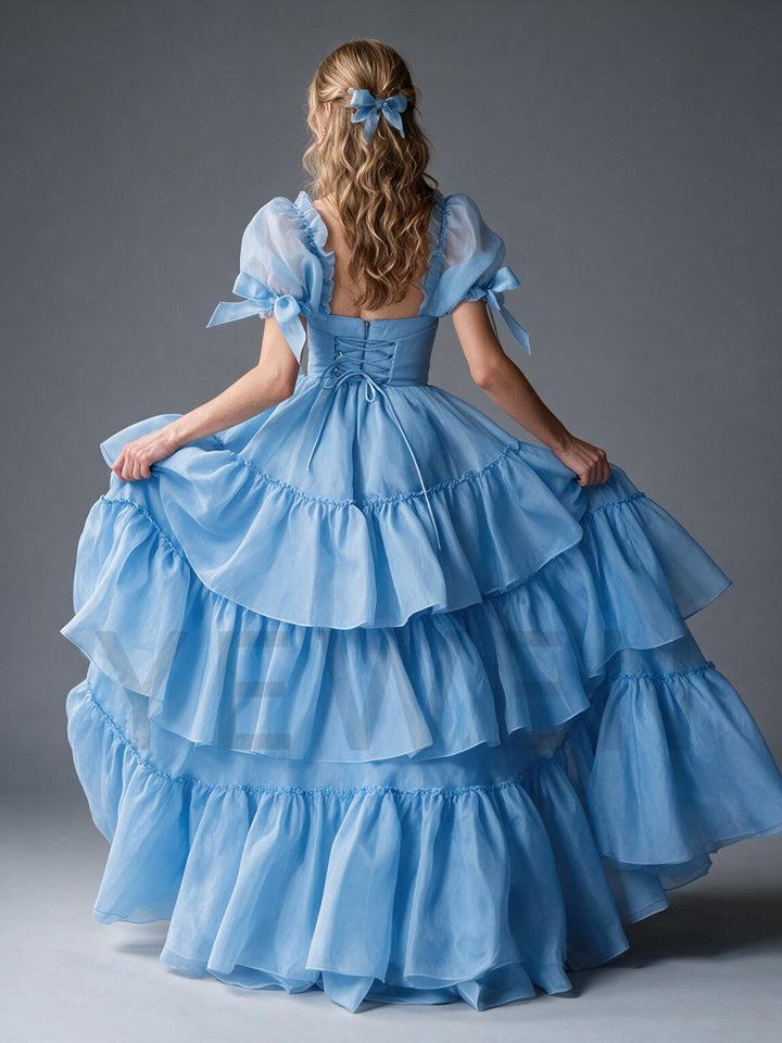 Blue Bow Puff Sleeve Corset Tiered Ruffle Princess Dress YW2609294