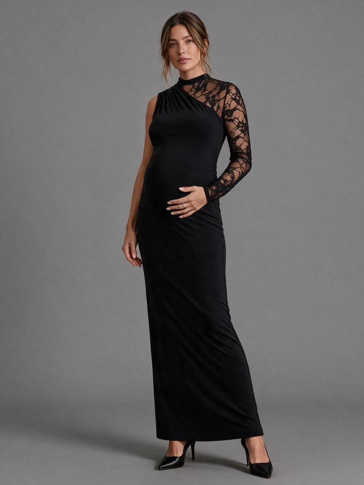Elegant High-Neck Asymmetric Lace Sleeve Maternity Gown for Baby Shower