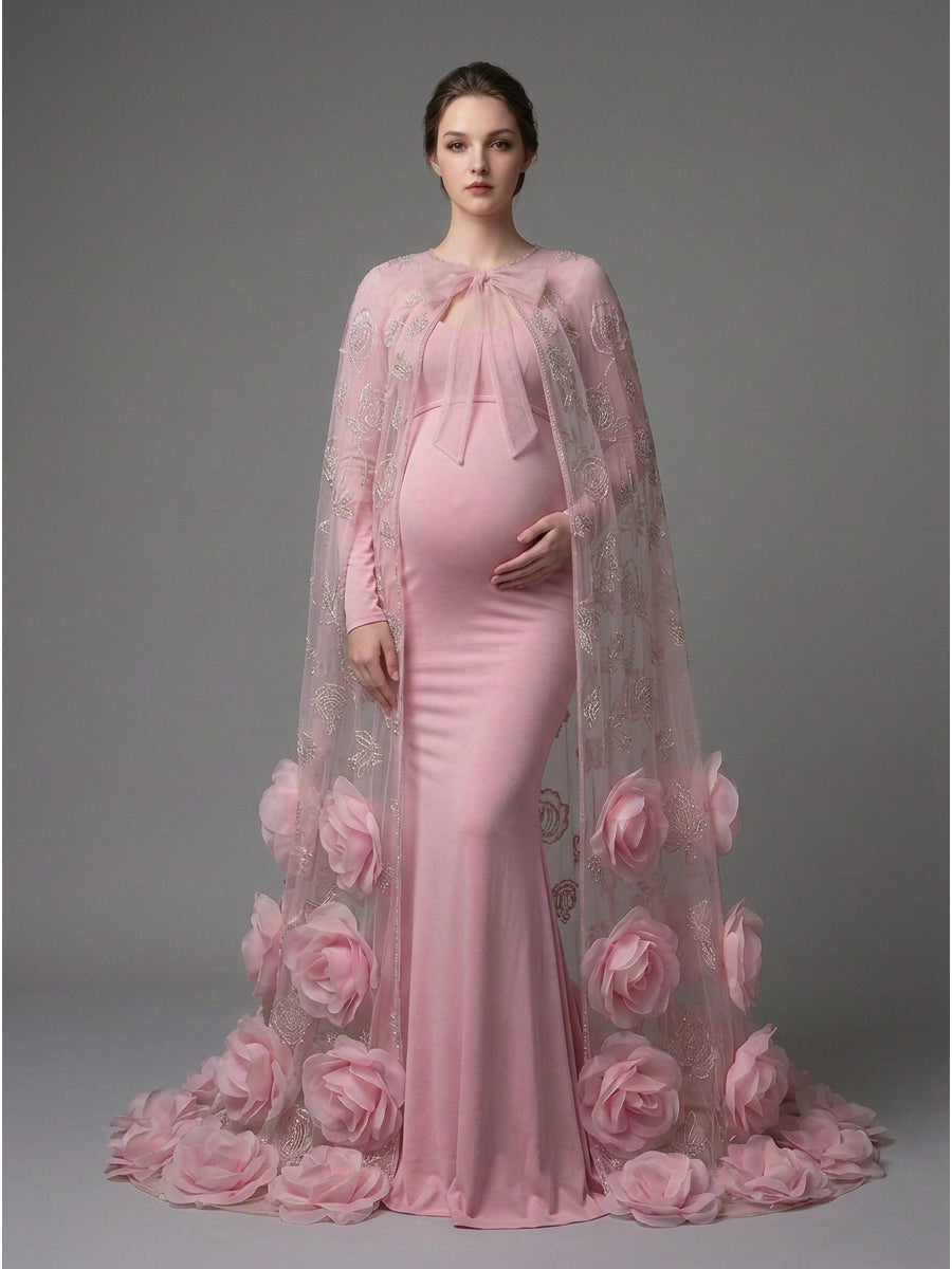 Maternity Gown with Flower Cape Pregnant Gowns Baby Shower Photoshoot Dress YD260726