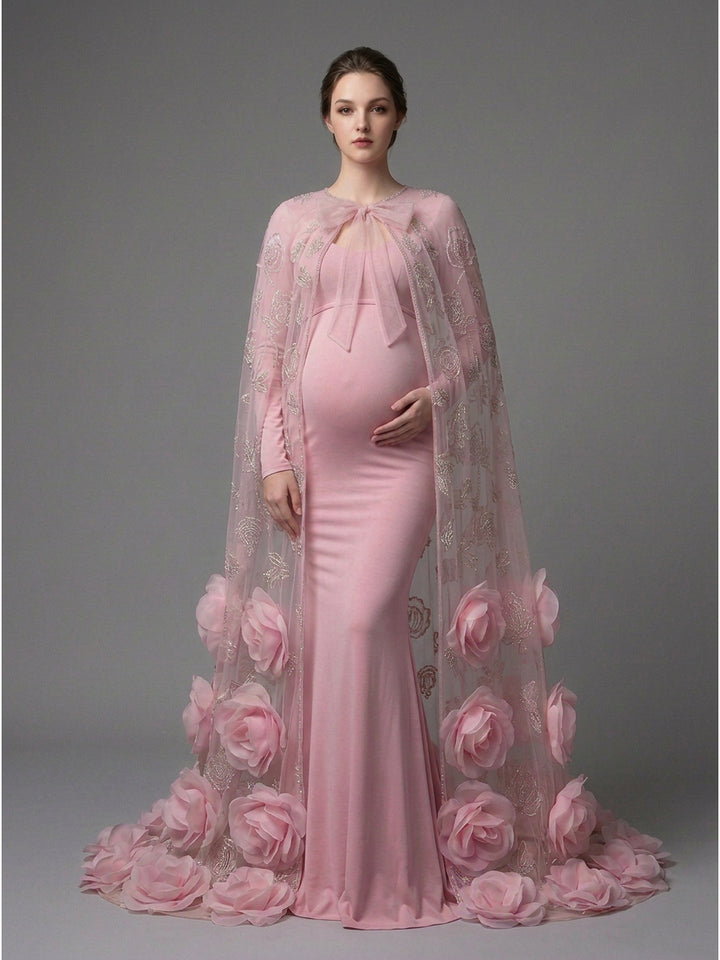 Maternity Gown with Flower Cape Pregnant Gowns Baby Shower Photoshoot Dress YD260726