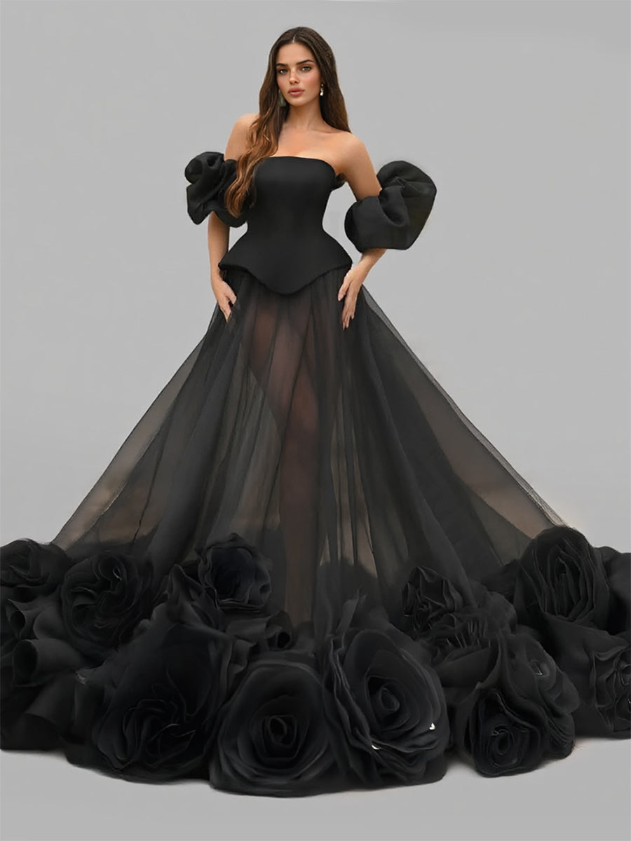 Chic Design Luxury See Through Big Handmade Rose Formal Dress Bridal Photoshoot Dress 26W / Black Color