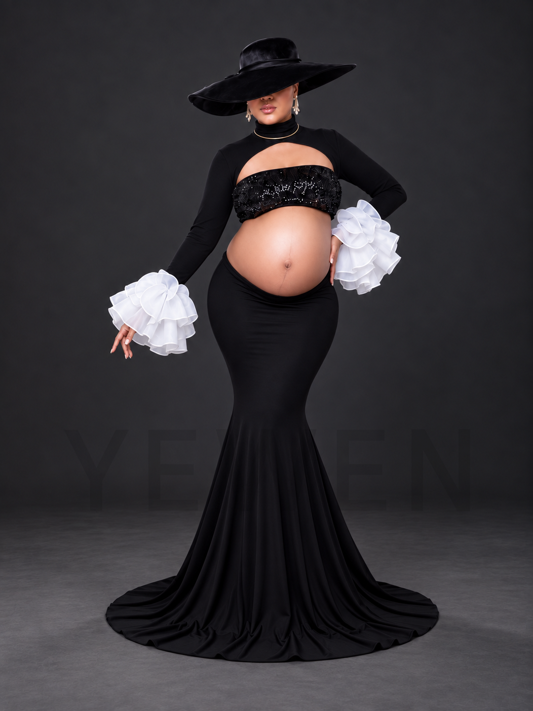 Two-Piece Ruffle Cuff Mermaid Maternity Photoshoot Gown HA260915