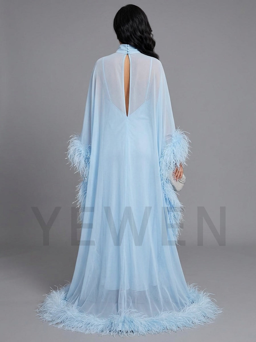 Blue Ostrich Feather Cape Maternity Baby Shower Dress YD260837