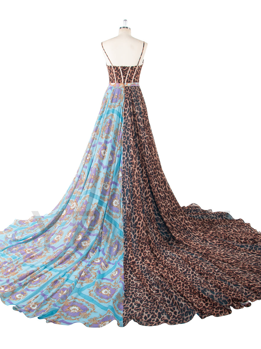Luxury Leopard Print & Baroque Mixed Pattern Maxi Dress with Train for Women Photoshoot Outfit YW250066