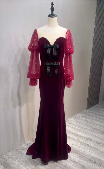 Mermaid Illusion, V-Neck,  Velvet Prom Dresses with Tulle Sleeves 