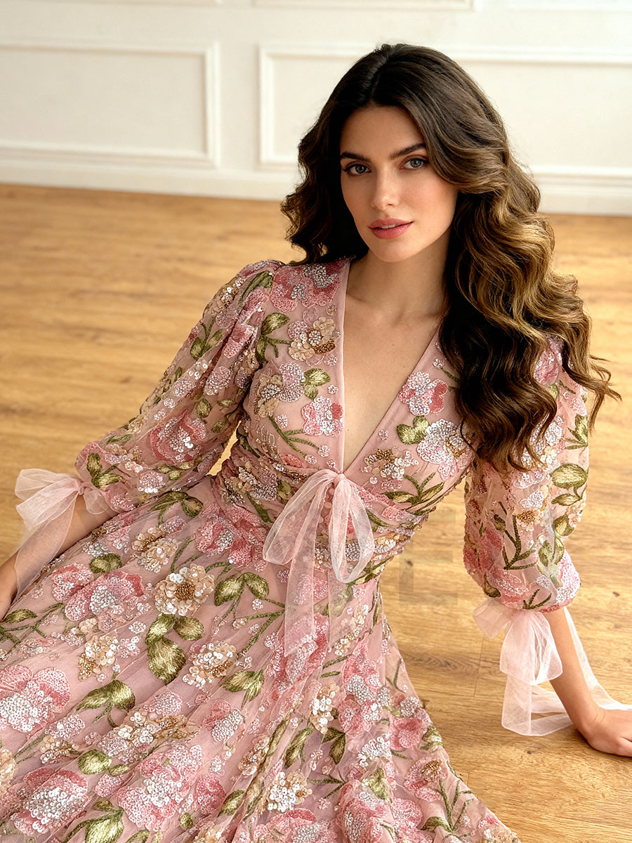 Unique Prom Dress Puffy Sleeves V Neck Embroidery Sequined Lace Evening Gown YW250079