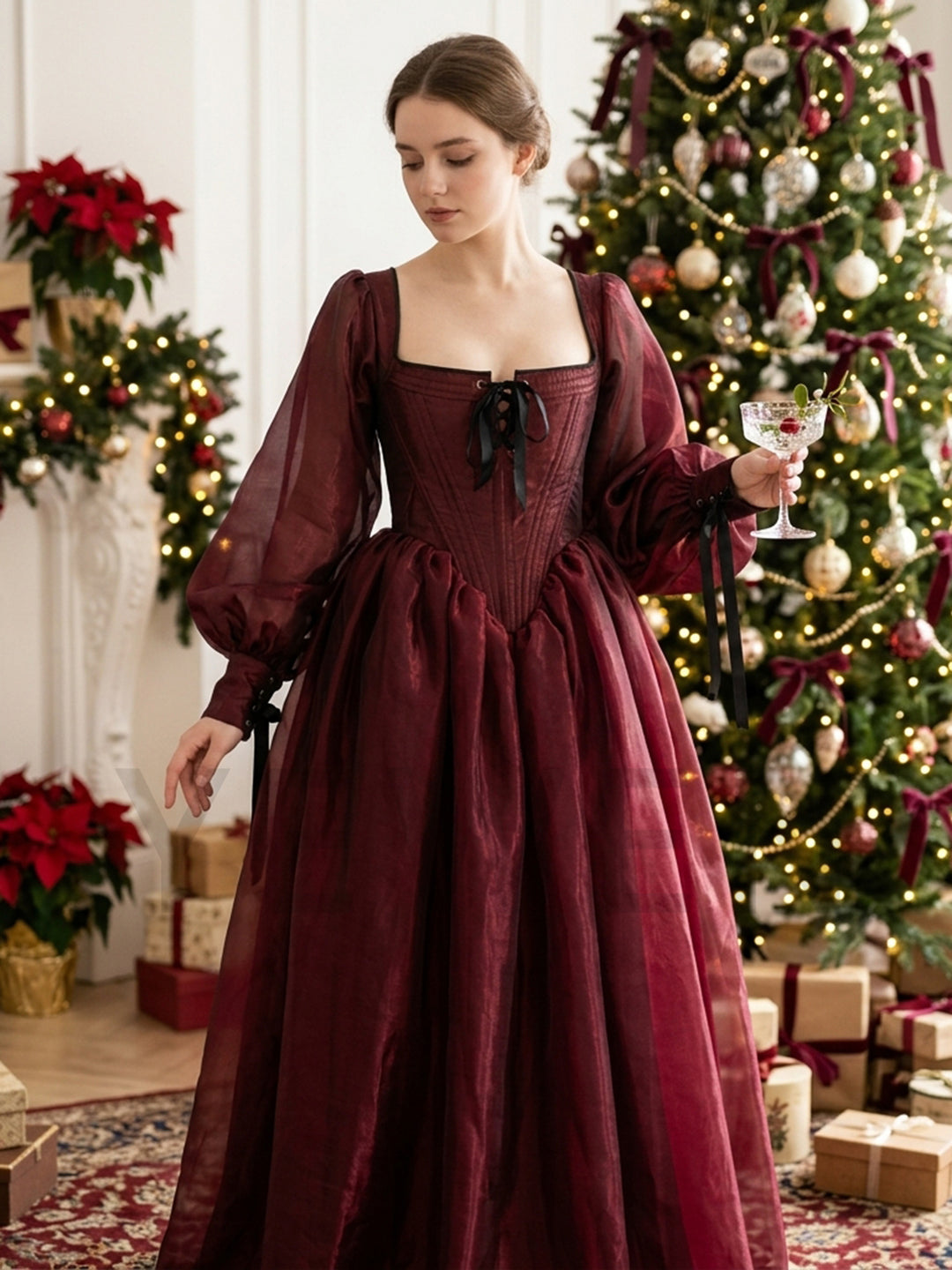 Burgundy Square Neck Lantern Sleeve Christmas Party Dress YW2610214