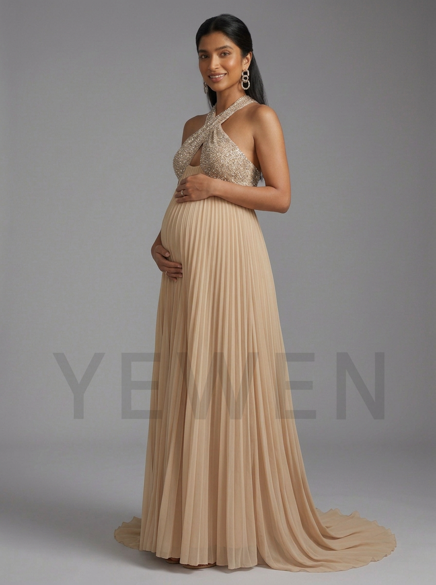 Sequin Halter Maternity Baby Shower Dress with Pleated Skirt YD260932