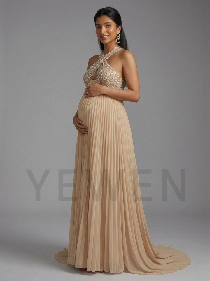 Sequin Halter Maternity Baby Shower Dress with Pleated Skirt YD260932