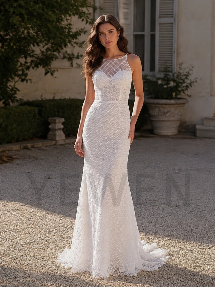 Ivory Sleeveless High Neck Sparkle Lace Mermaid Wedding Dress