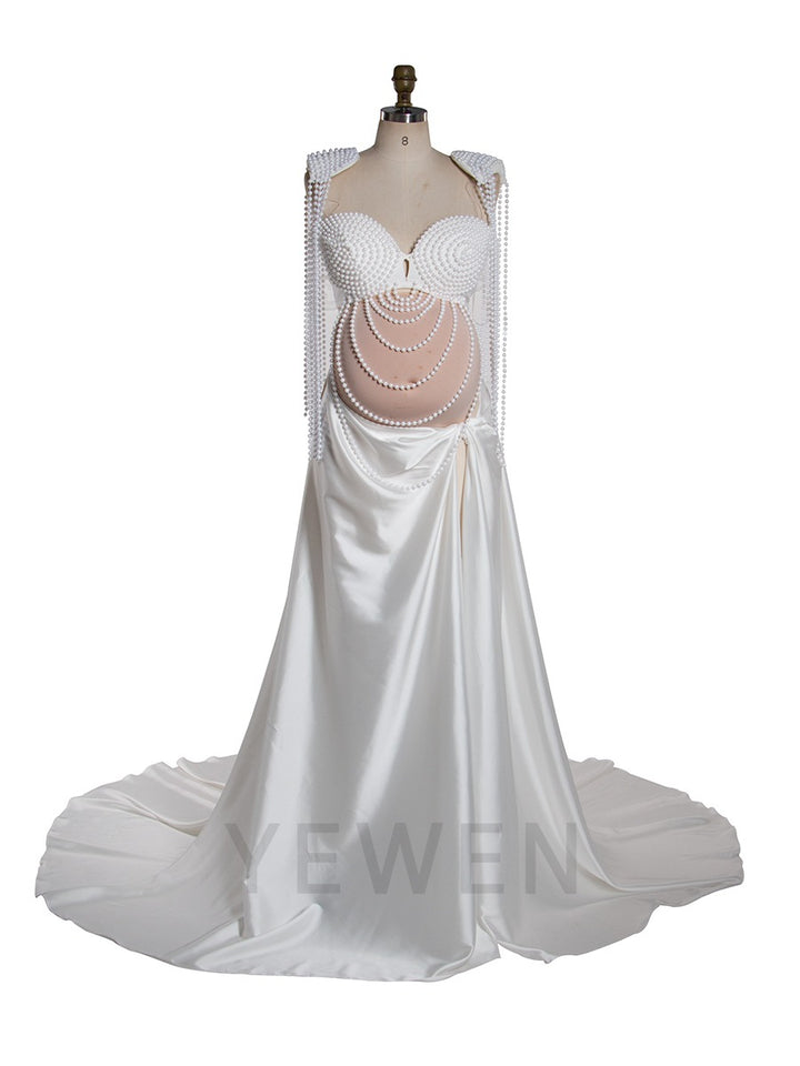 2 Piece Set Pearls Maternity Dress Photoshoot Custom Made Baby Shower Dress for Pregnant Women YW250085