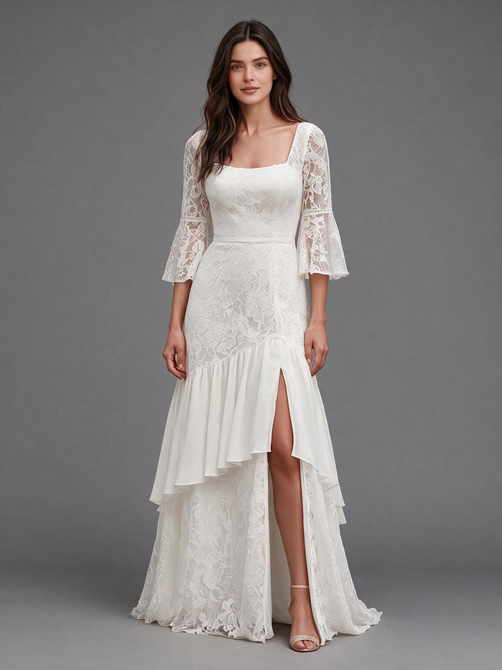 Ivory Square Neck Sheer Bell Sleeve Lace Boho Wedding Dress