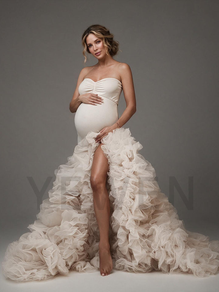 Strapless High Slit Tiered Ruffle Maternity Photoshoot Gown YW2610194
