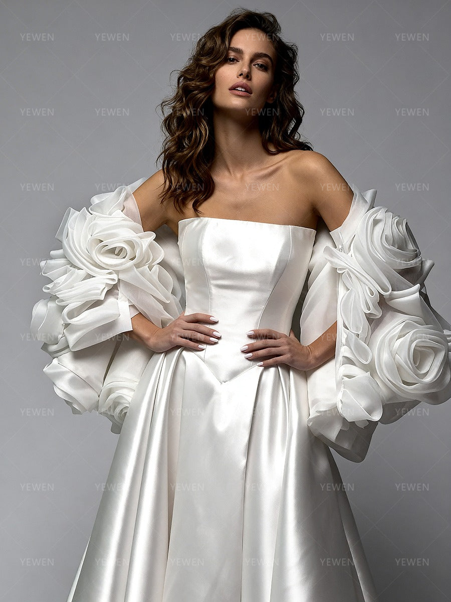 Luxury Wedding Dress with 3D Rose Flowers Cape Women Bridal Gown