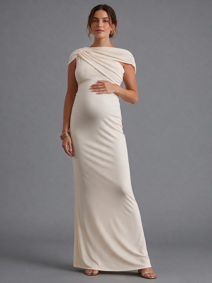 Ivory Asymmetrical Draped Neckline Maternity Dress for Baby Shower