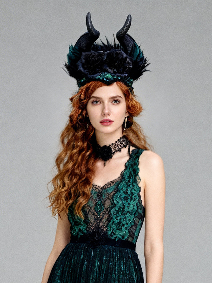 Hair Accessories Gorgeous Maleficent Style Horned Headdress for Parties and Weddings Beautiful Black Flowers Hat Fascinator YW2603172D